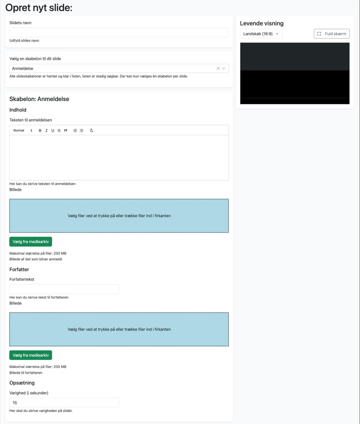 Felter i anmeldelse skabelonen