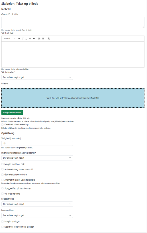 Felter i billede og tekst skabelonen